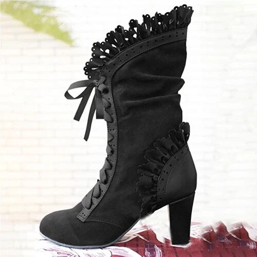 Greta | Lace-Up Block Heel Boots With Ruffle Trim
