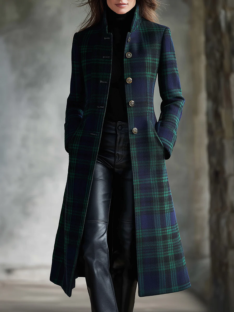 Alessandra | Plaid Midi Coat With High Collar