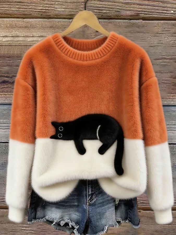 Darcy | Color-Block Sweater With Cat Motif