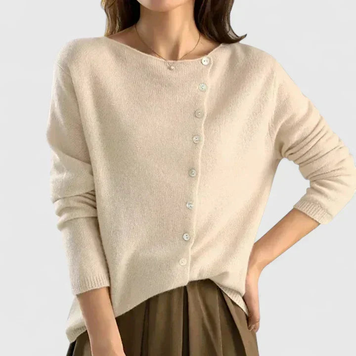 Irene | Round Neck Cardigan With Offset Button Placket