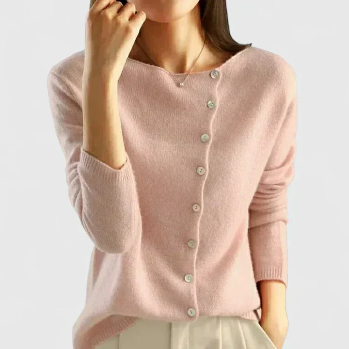 Irene | Round Neck Cardigan With Offset Button Placket