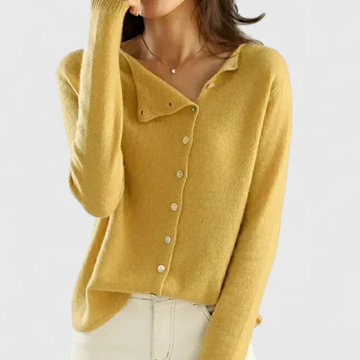 Irene | Round Neck Cardigan With Offset Button Placket
