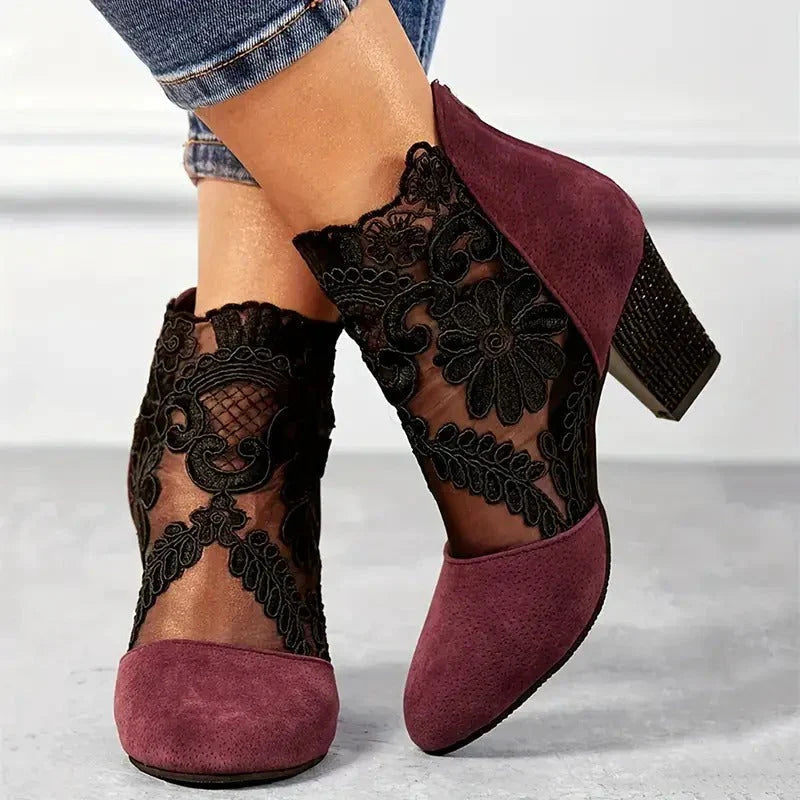 Tessa | Block-Heel Ankle Booties With Lace Cuff