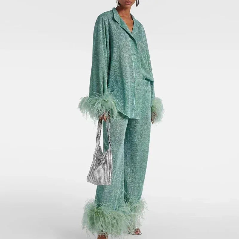 Rhea | Sparkly Shirt And Pants Set With Feather Trim