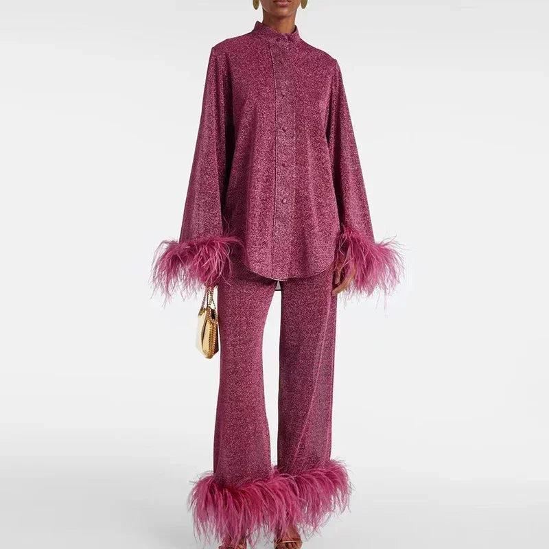 Rhea | Sparkly Shirt And Pants Set With Feather Trim
