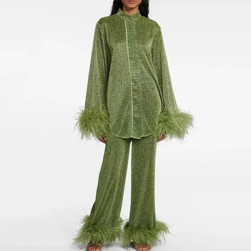 Rhea | Sparkly Shirt And Pants Set With Feather Trim