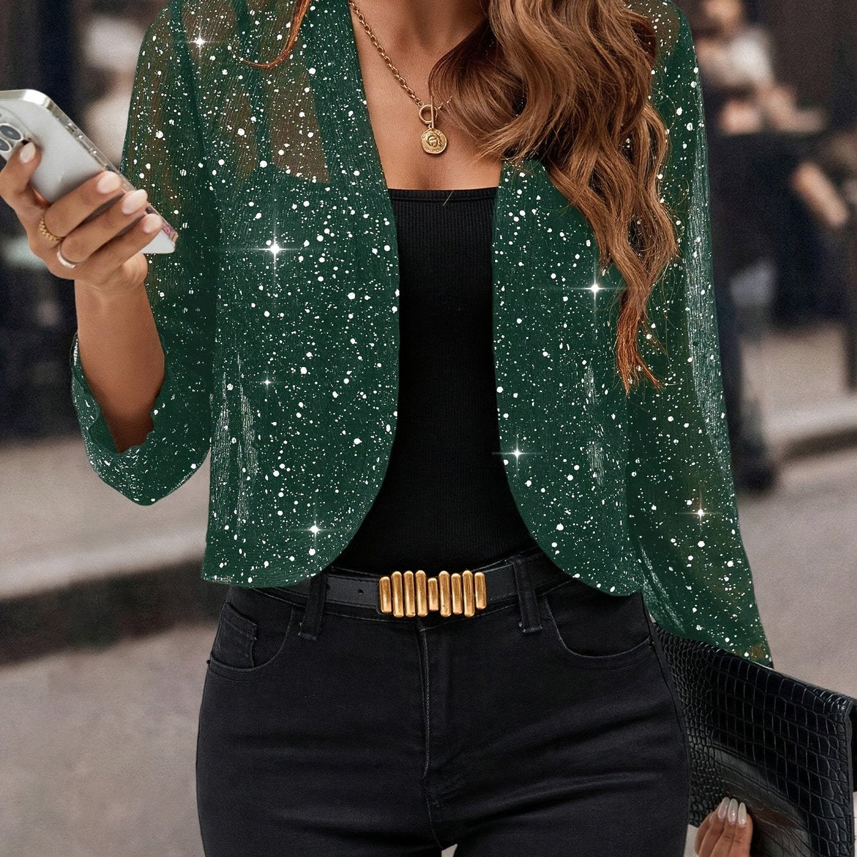 Aubrey | Shimmer Cropped Jacket With Open Front