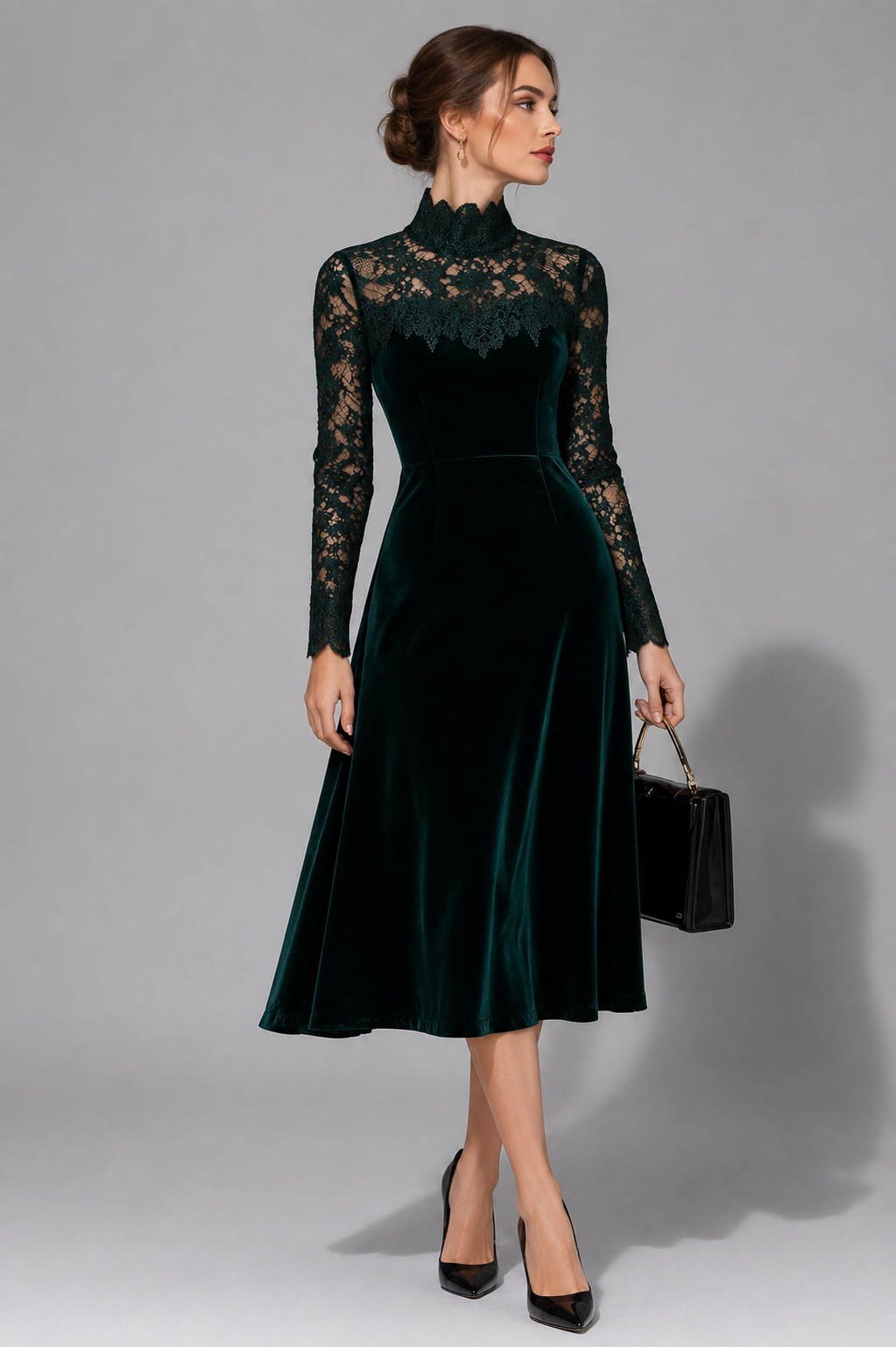 Trudy | Velvet Midi Dress With Lace Turtleneck