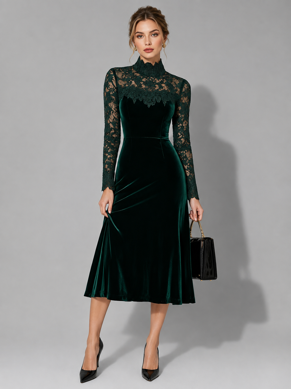 Trudy | Velvet Midi Dress With Lace Turtleneck