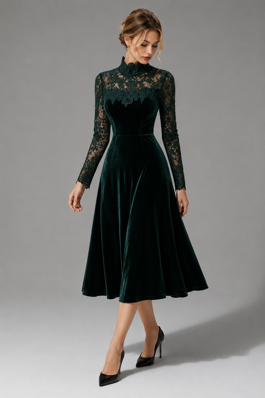 Trudy | Velvet Midi Dress With Lace Turtleneck