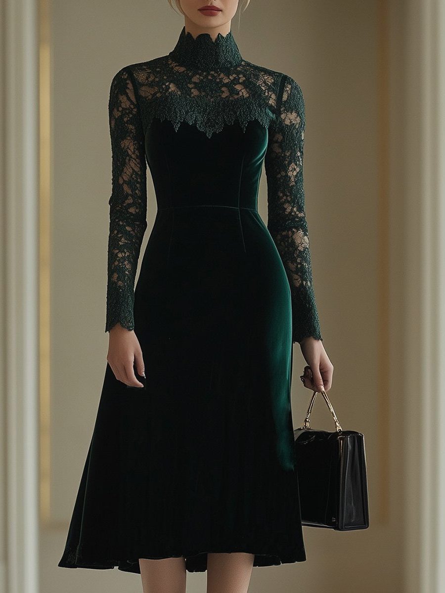 Trudy | Velvet Midi Dress With Lace Turtleneck