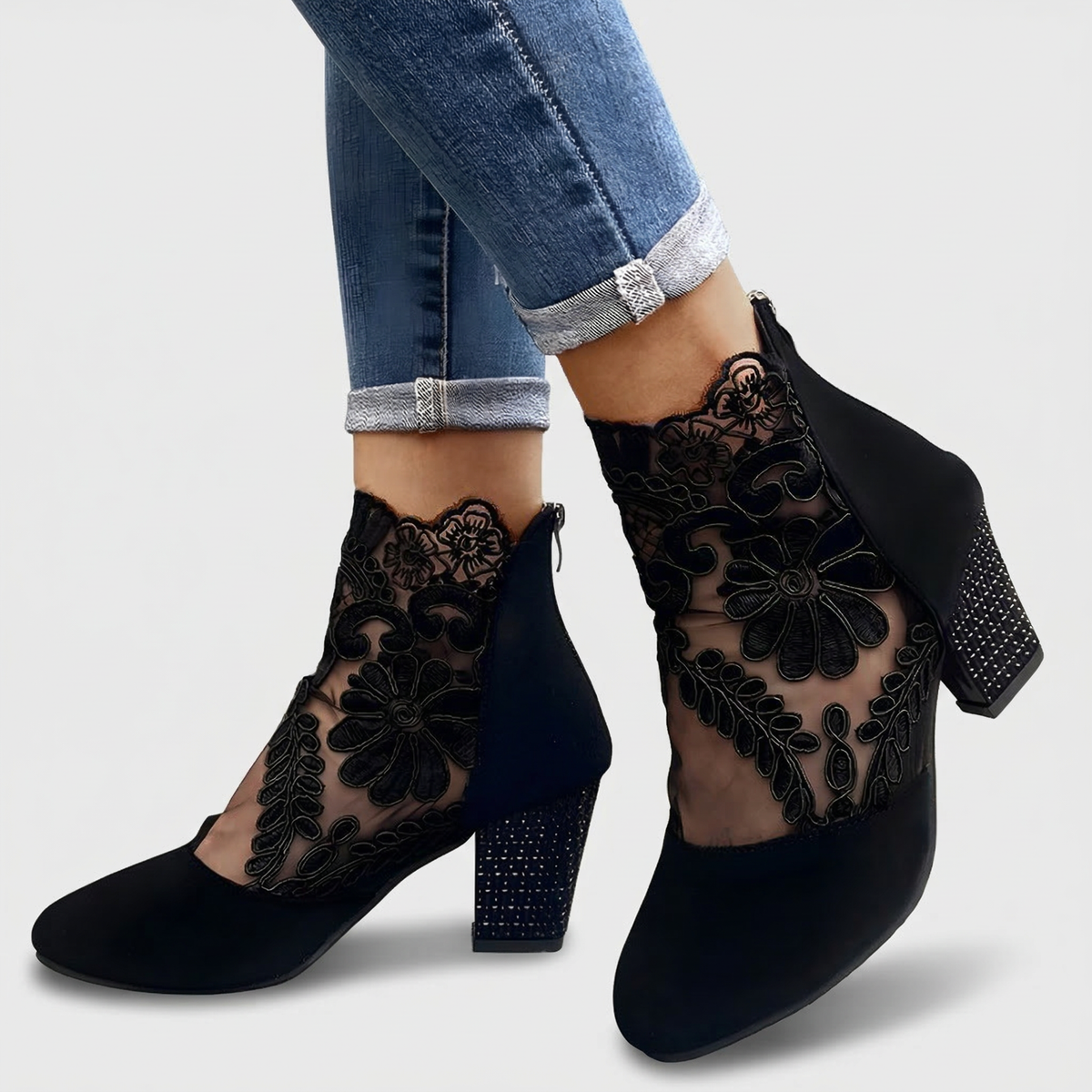 Tessa | Block-Heel Ankle Booties With Lace Cuff