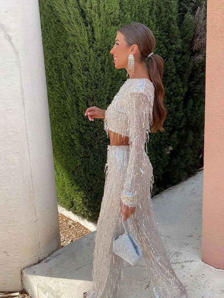 Gwendolyn | Sequin Fringe Crop Top And Pants Set