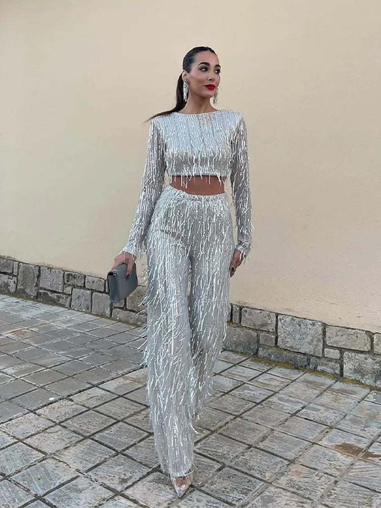 Gwendolyn | Sequin Fringe Crop Top And Pants Set