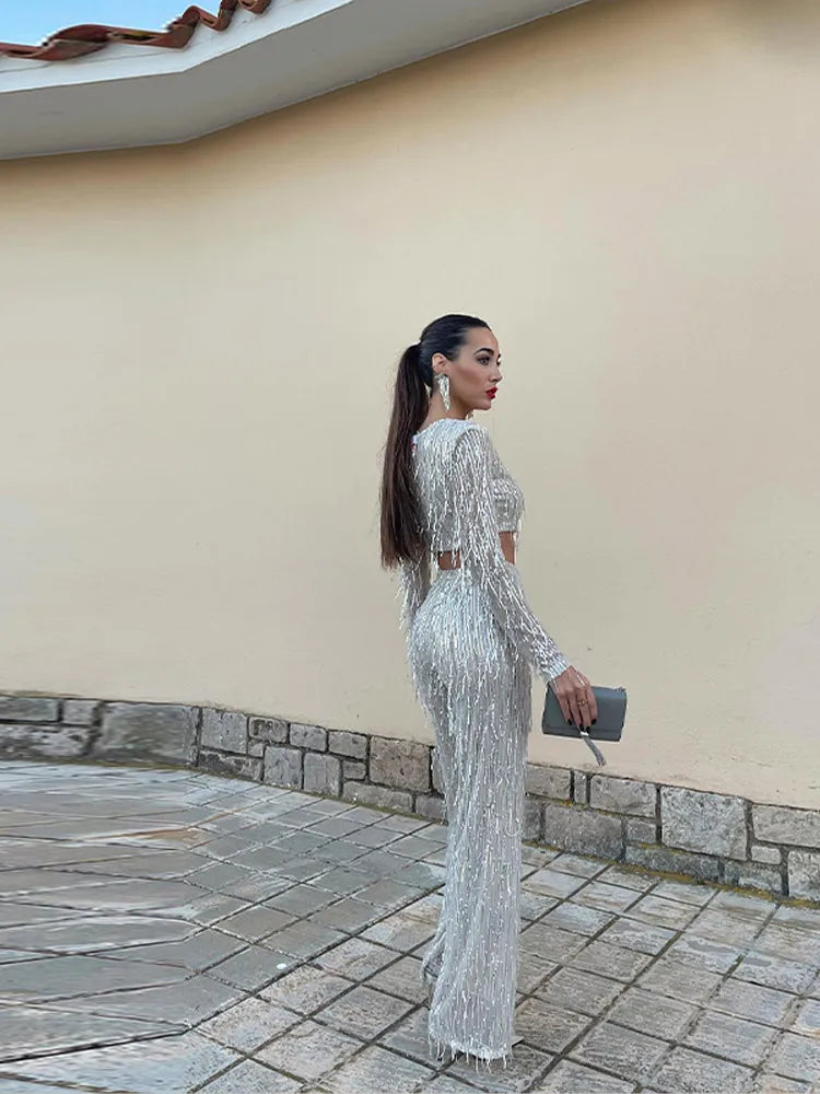 Gwendolyn | Sequin Fringe Crop Top And Pants Set