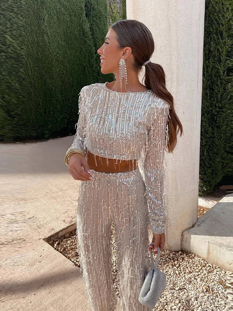 Gwendolyn | Sequin Fringe Crop Top And Pants Set