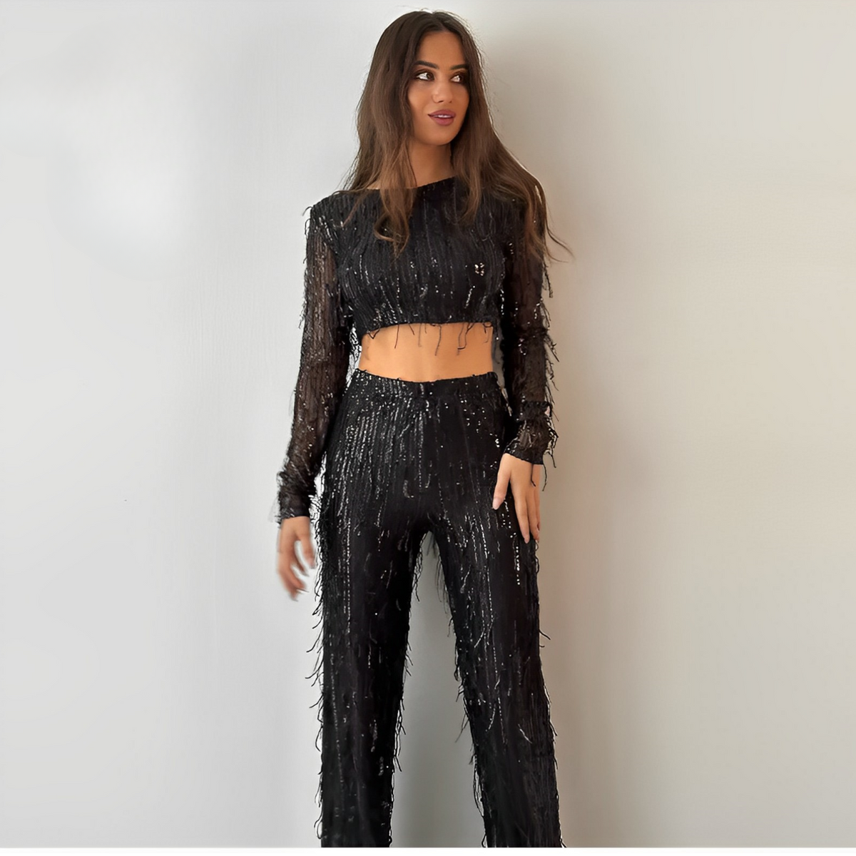 Gwendolyn | Sequin Fringe Crop Top And Pants Set