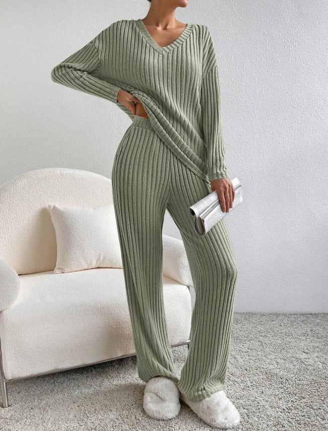 Petra | Ribbed Knit V-Neck Sweater And Pants Set