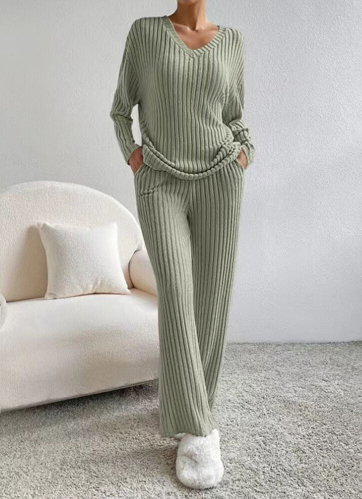 Petra | Ribbed Knit V-Neck Sweater And Pants Set