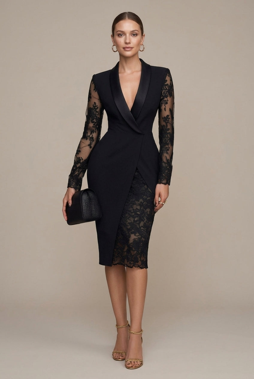 Nancy | Shawl Collar Blazer Dress With Lace Sleeves