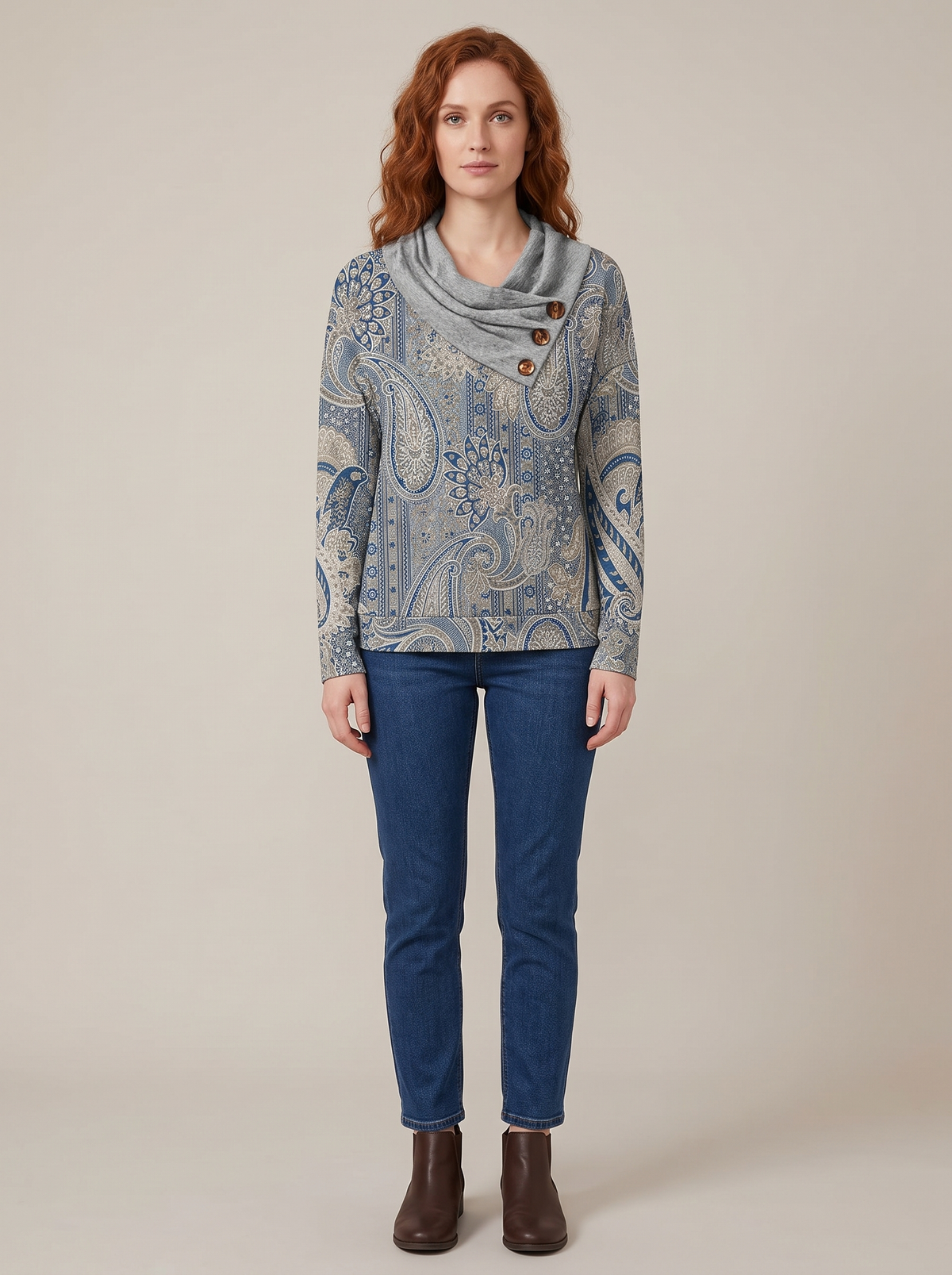 Jessica | Paisley Print Pullover With Button Collar