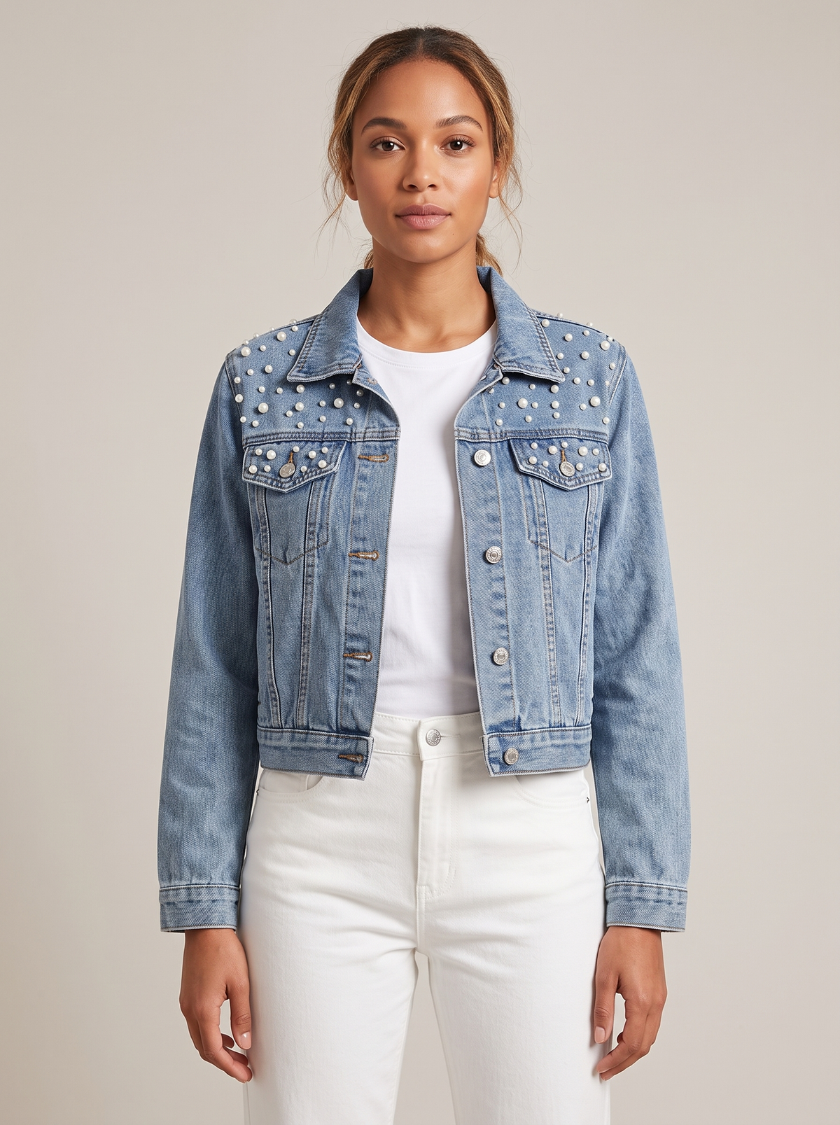 Hollis | Pearl-Embellished Denim Jacket