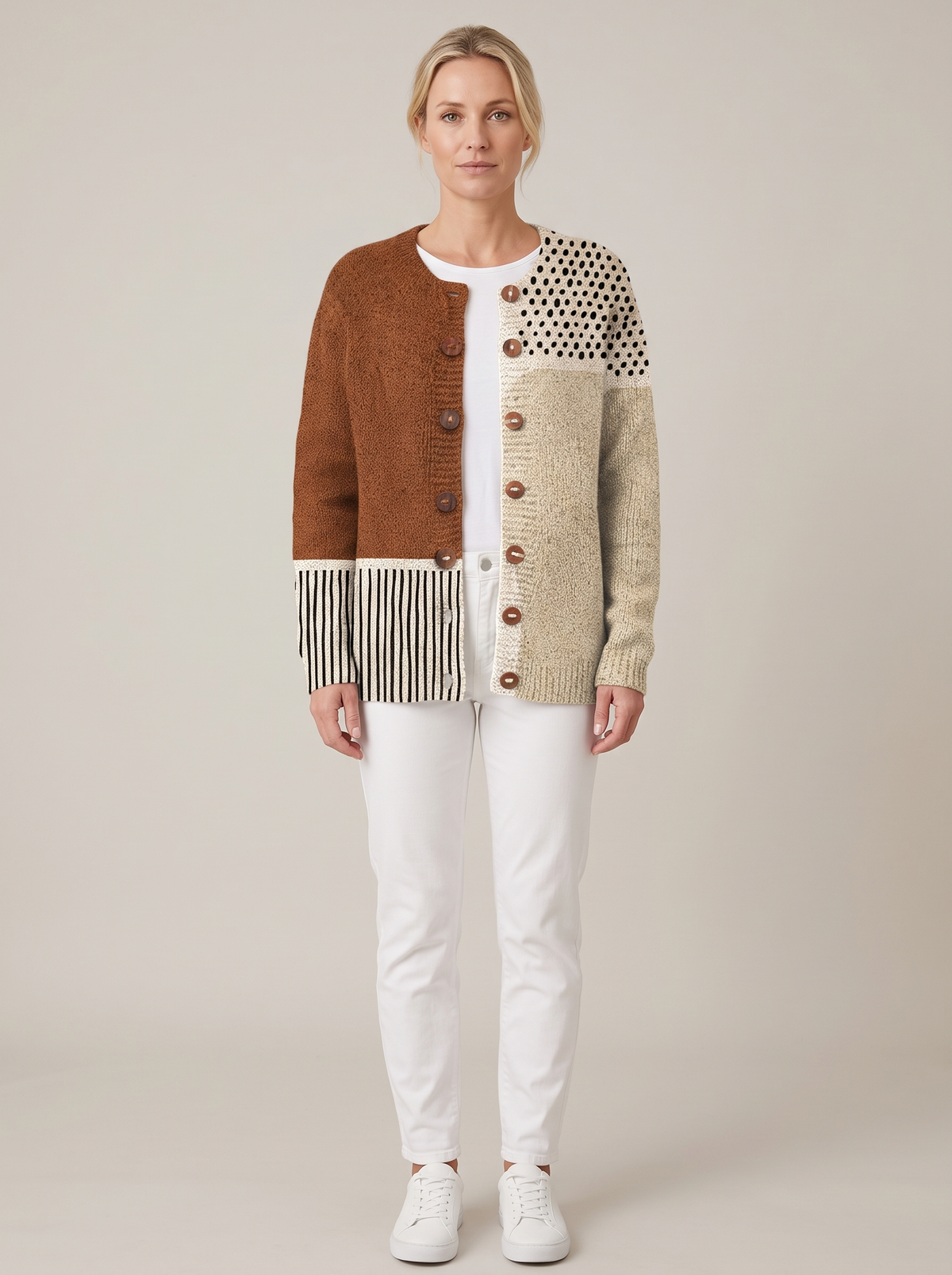 Sara | Colorblock Button-Front Cardigan With Dot Detail