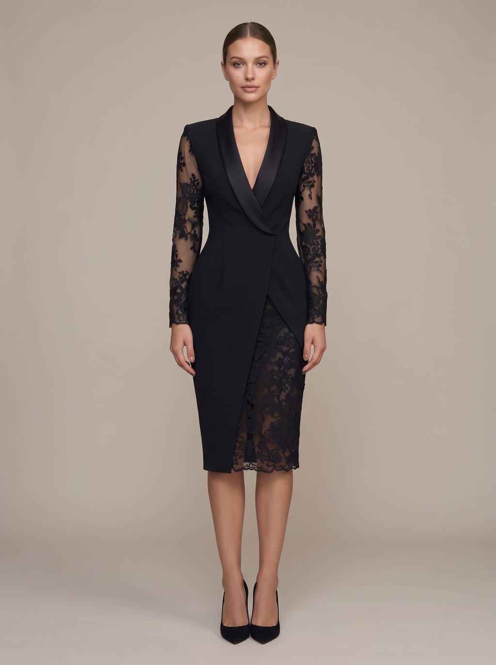 Nancy | Shawl Collar Blazer Dress With Lace Sleeves