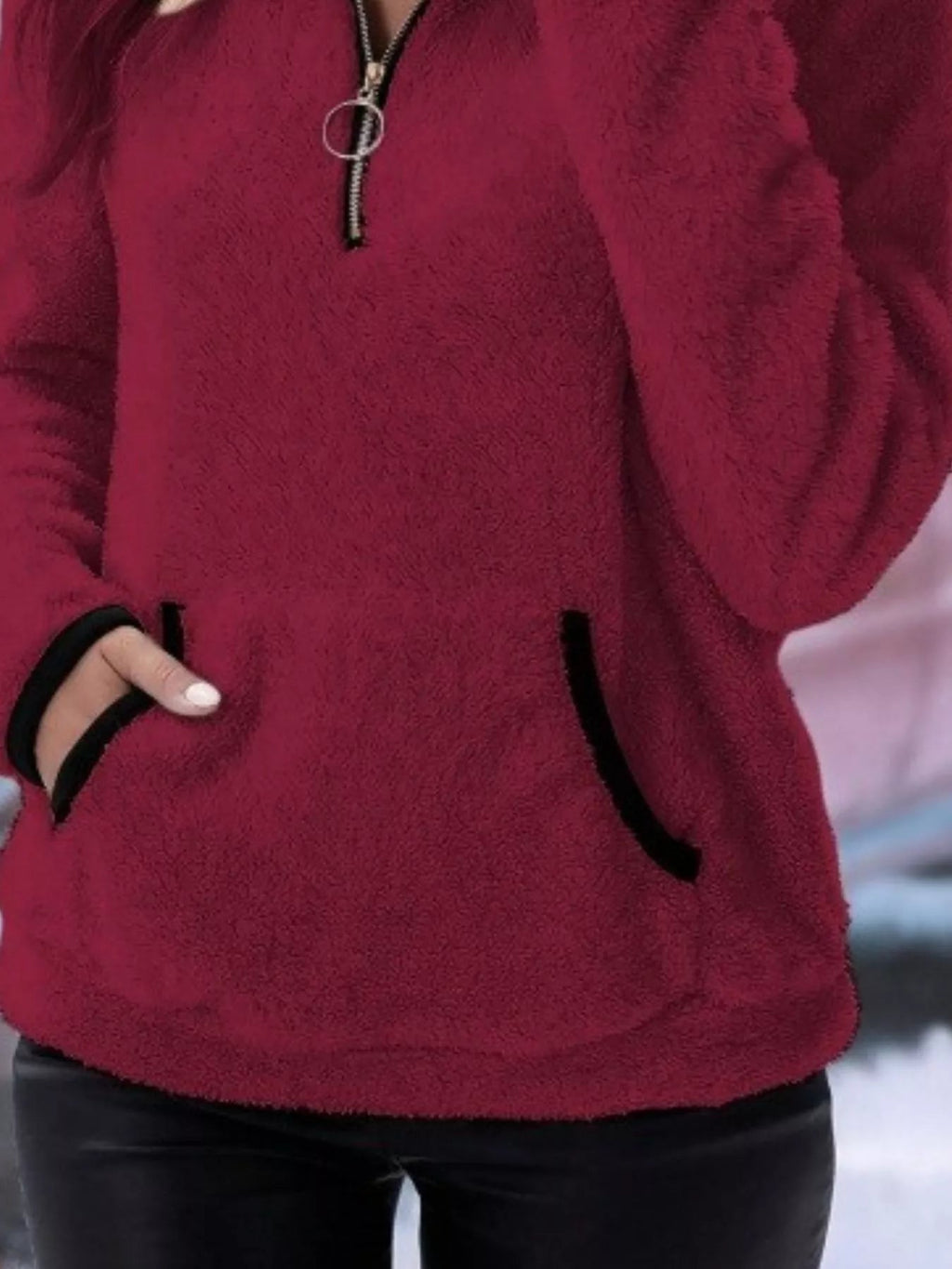 Loretta | Fuzzy Half-Zip Sweater With Kangaroo Pocket