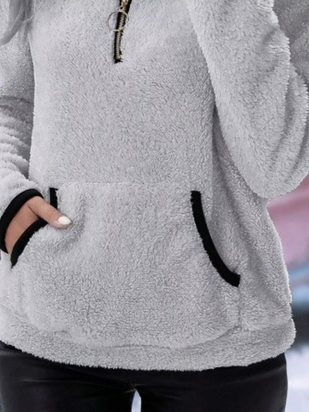 Loretta | Fuzzy Half-Zip Sweater With Kangaroo Pocket