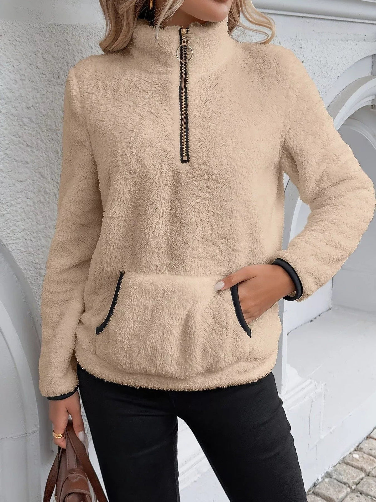 Loretta | Fuzzy Half-Zip Sweater With Kangaroo Pocket