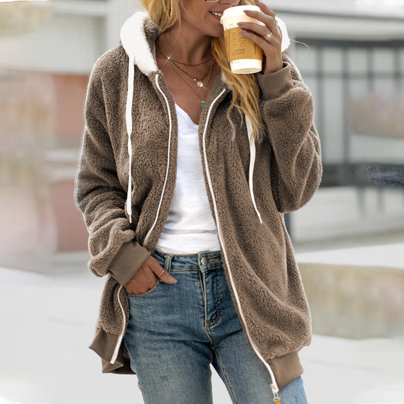 Karen | Longline Zip-Up Coat With Drawstring Hood