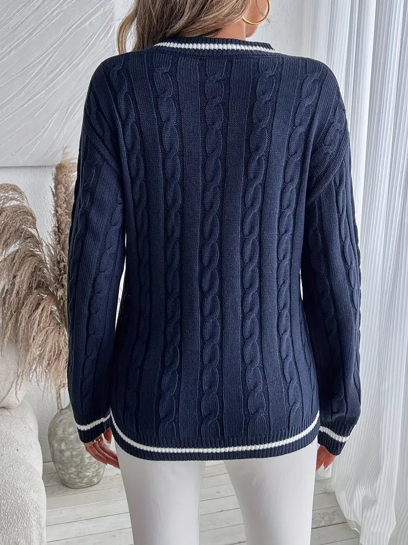 Isla | V-Neck Cable Knit Sweater With Striped Trim