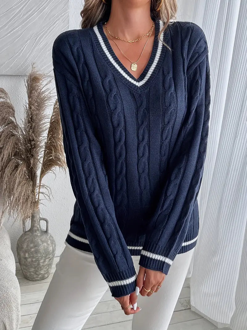 Isla | V-Neck Cable Knit Sweater With Striped Trim