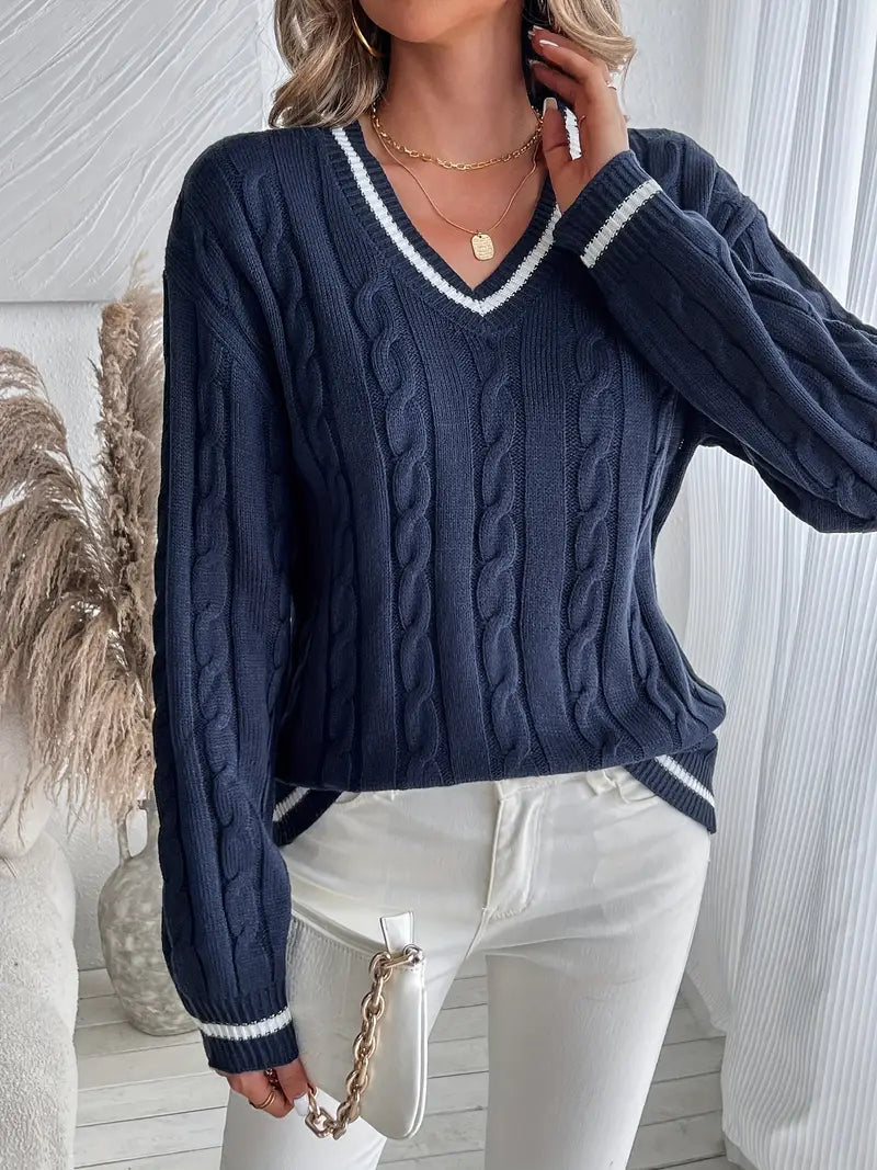 Isla | V-Neck Cable Knit Sweater With Striped Trim
