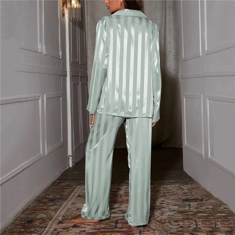 Dorothy | Silky Striped Pajama Set With Notch Collar