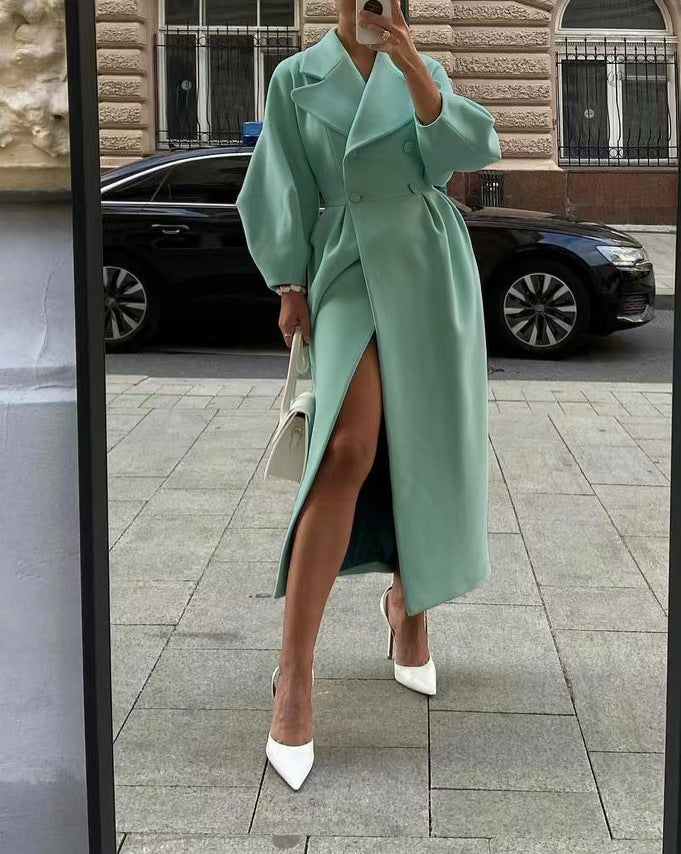 Leah | Double-Breasted Long Coat With Wide Lapels