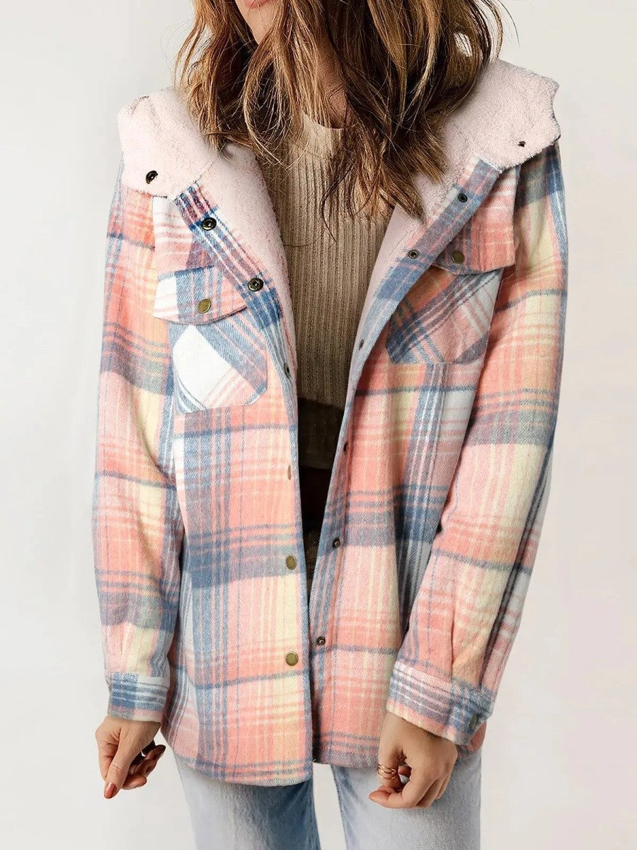 Estelle | Hooded Plaid Jacket With Sherpa Trim