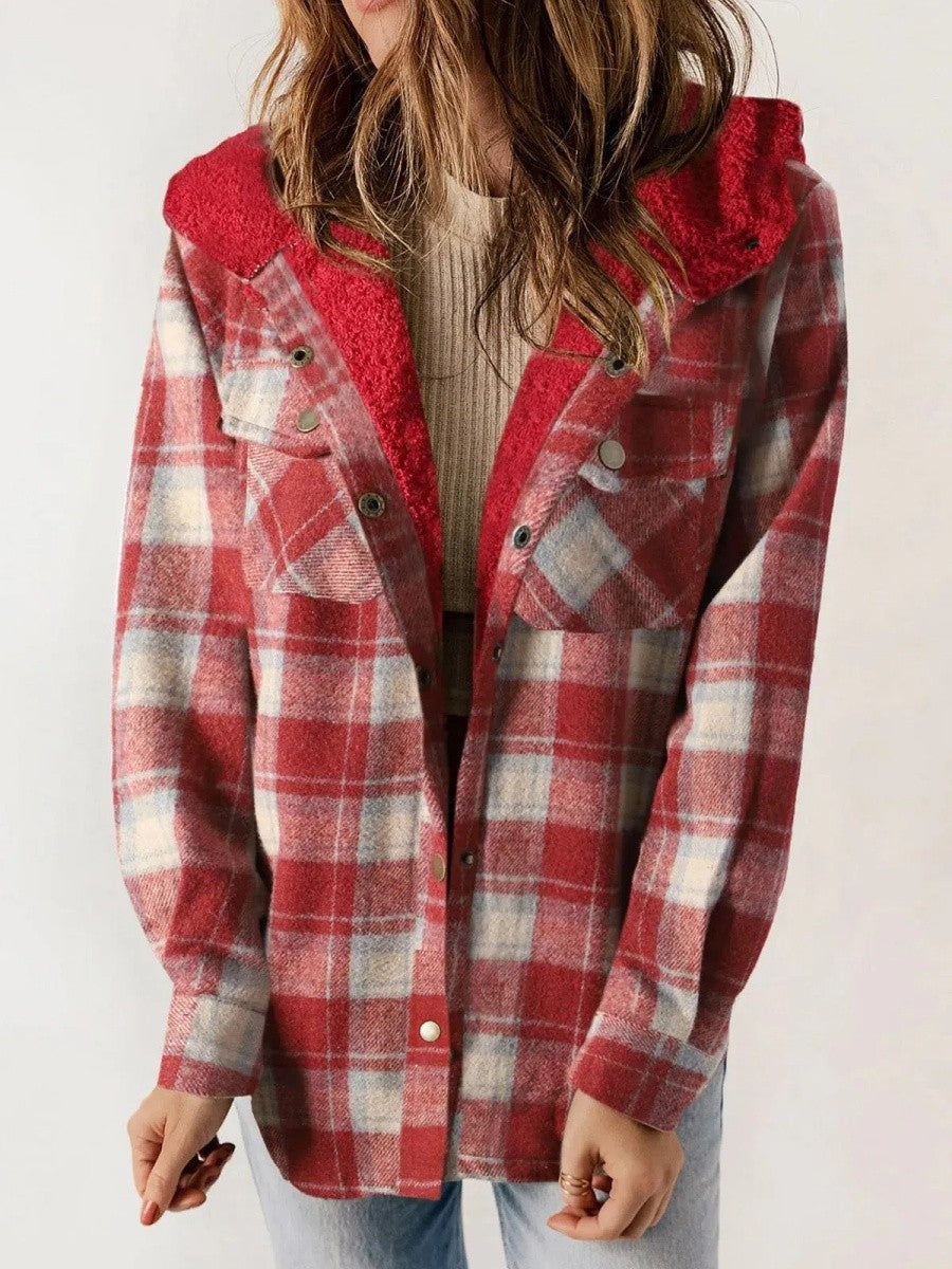 Estelle | Hooded Plaid Jacket With Sherpa Trim