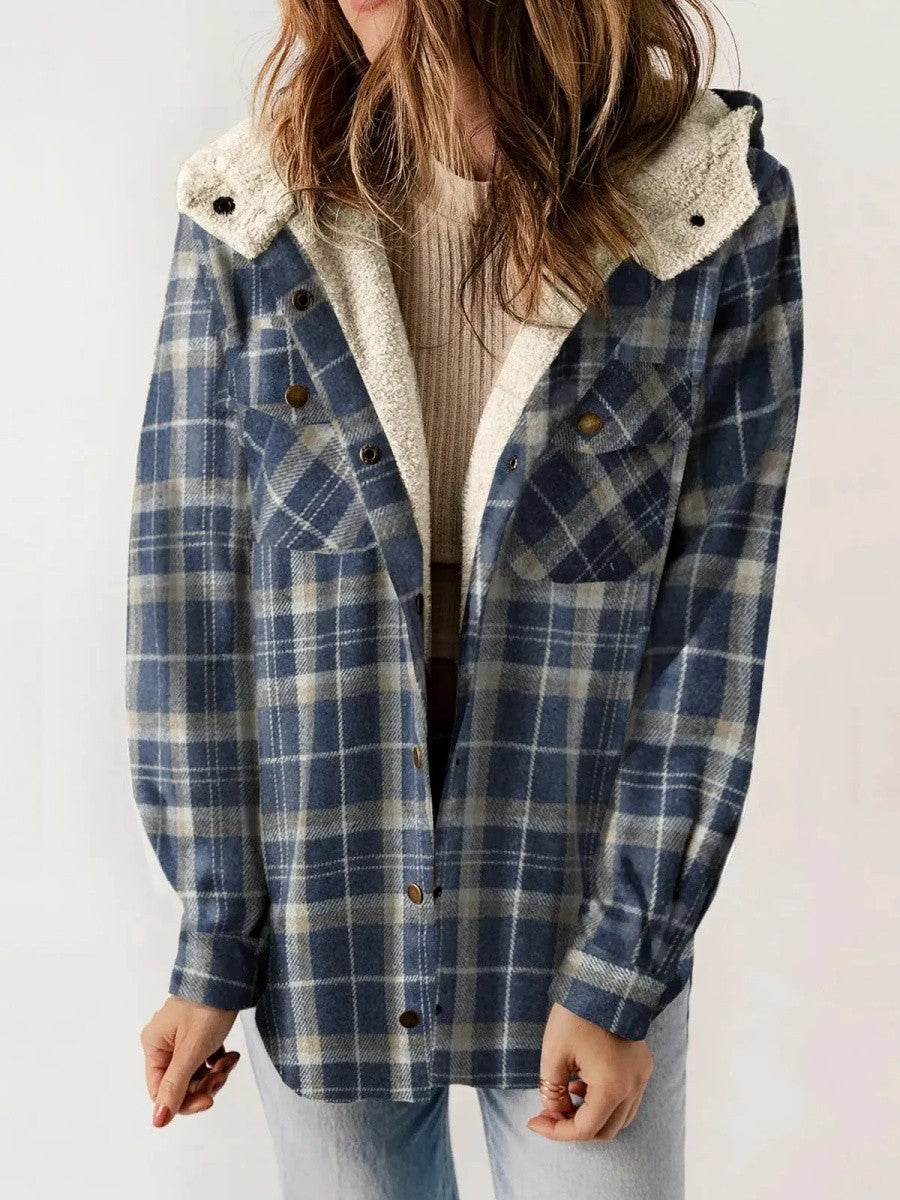 Estelle | Hooded Plaid Jacket With Sherpa Trim
