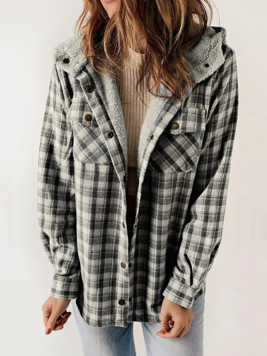 Estelle | Hooded Plaid Jacket With Sherpa Trim