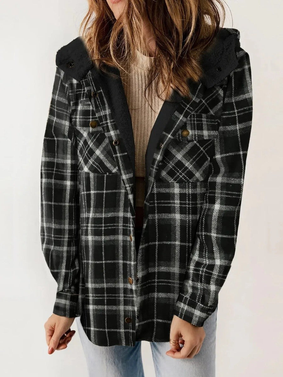 Estelle | Hooded Plaid Jacket With Sherpa Trim