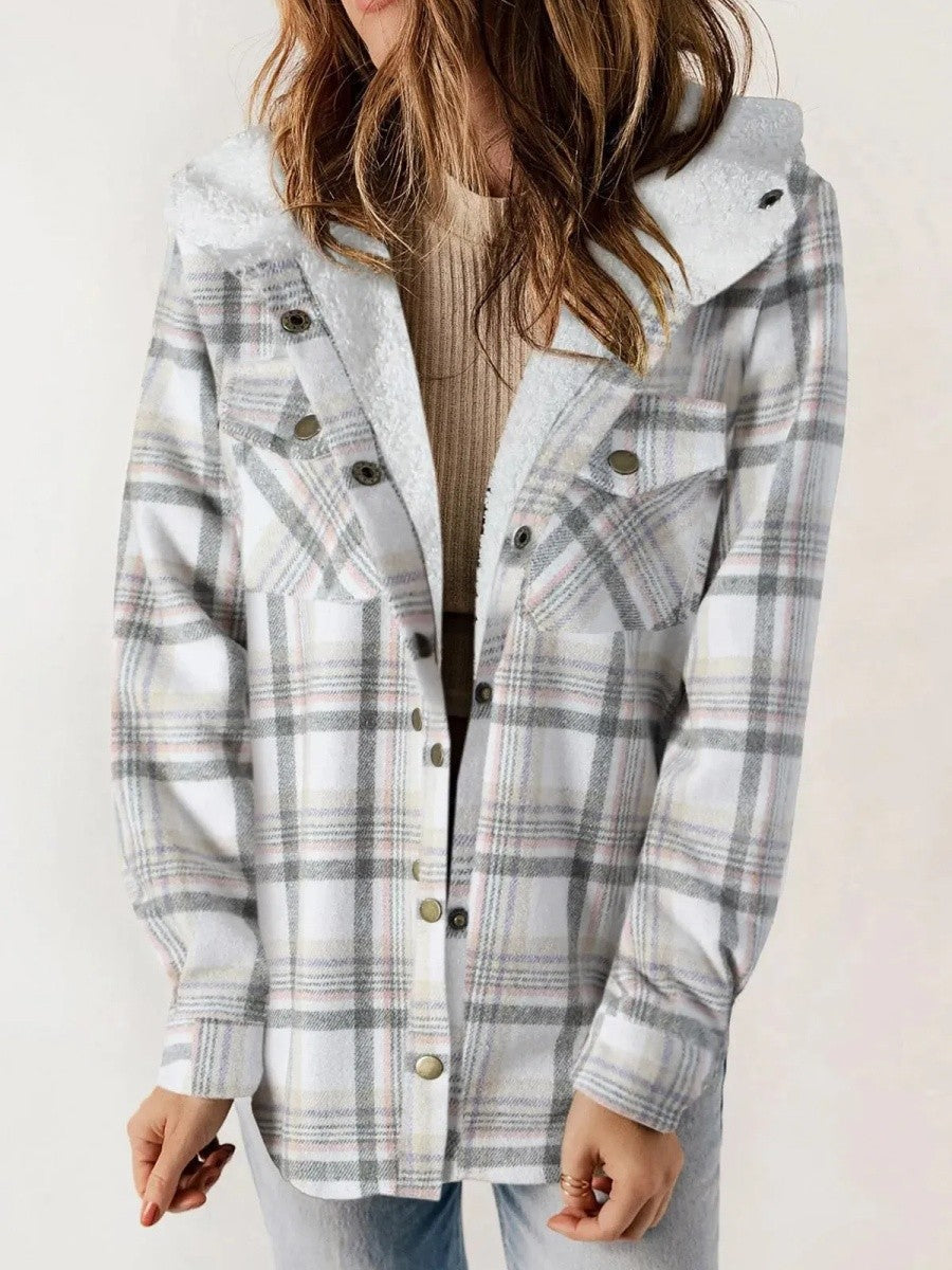 Estelle | Hooded Plaid Jacket With Sherpa Trim