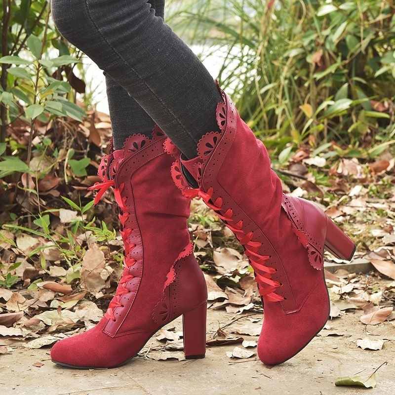 Greta | Lace-Up Block Heel Boots With Ruffle Trim
