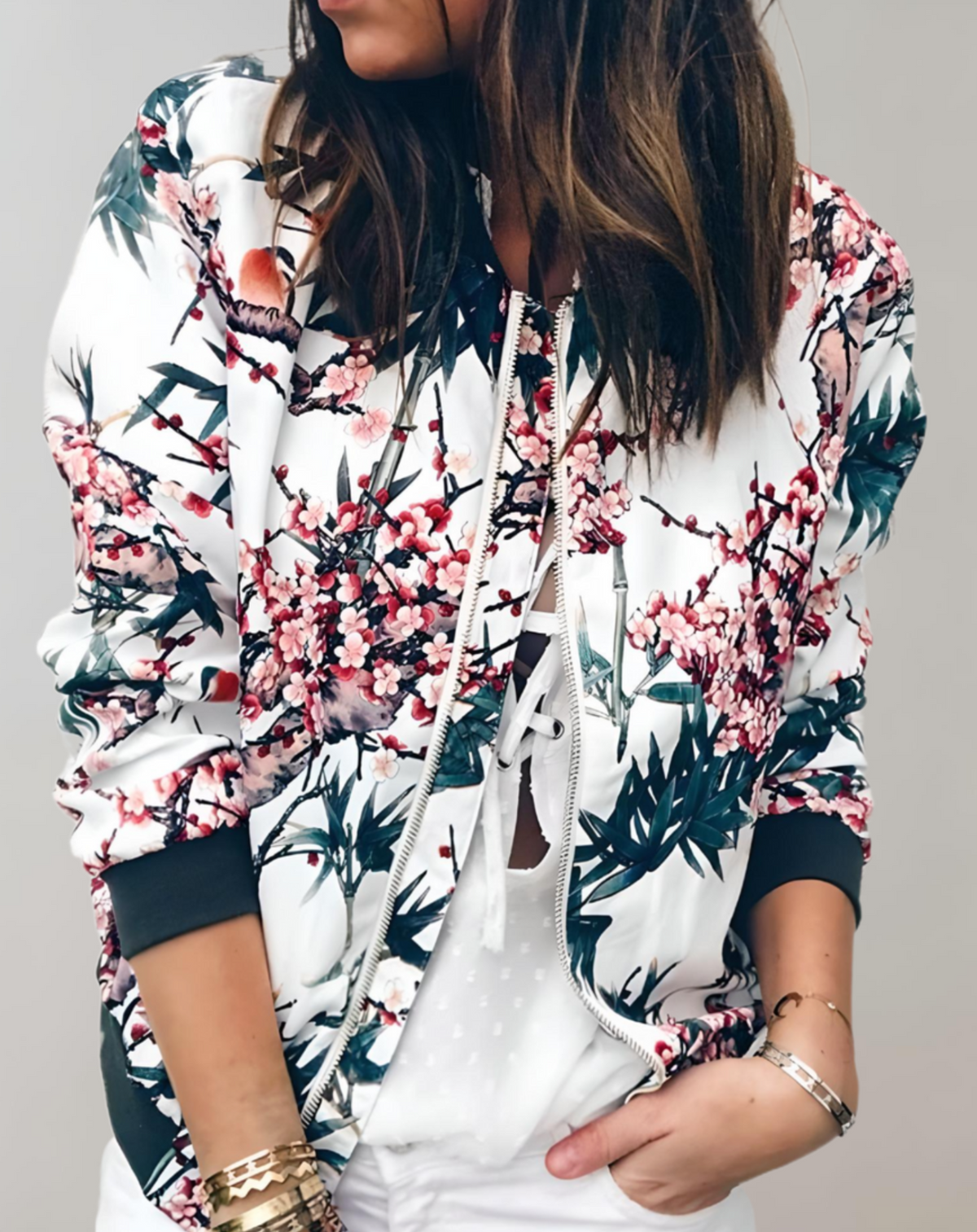 Laila | Floral Zip-Up Bomber Jacket