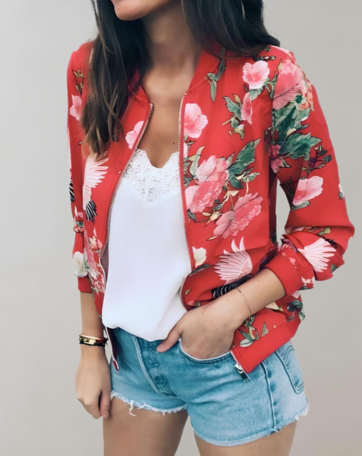 Laila | Floral Zip-Up Bomber Jacket