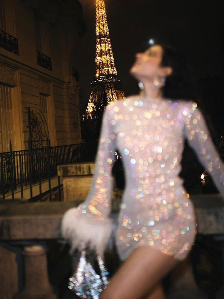 Christina | Sparkle Mini Dress With Fluffy Cuffs