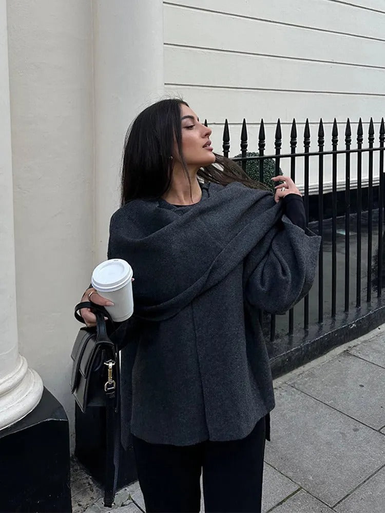 Julia | Asymmetrical Poncho With Draped Scarf Collar
