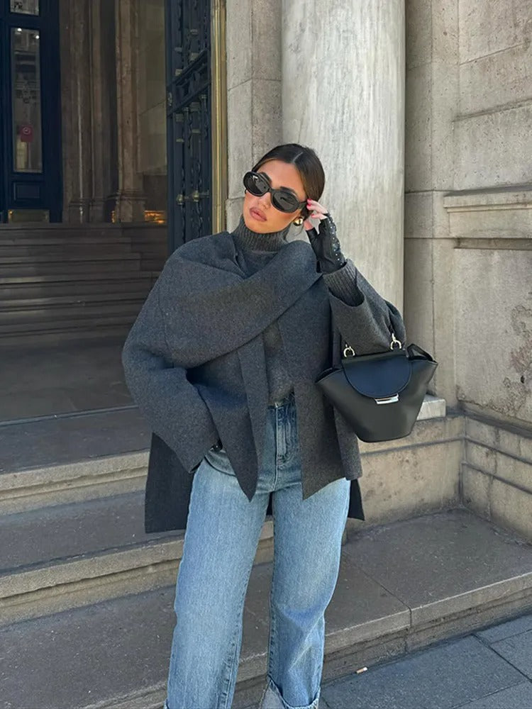 Julia | Asymmetrical Poncho With Draped Scarf Collar
