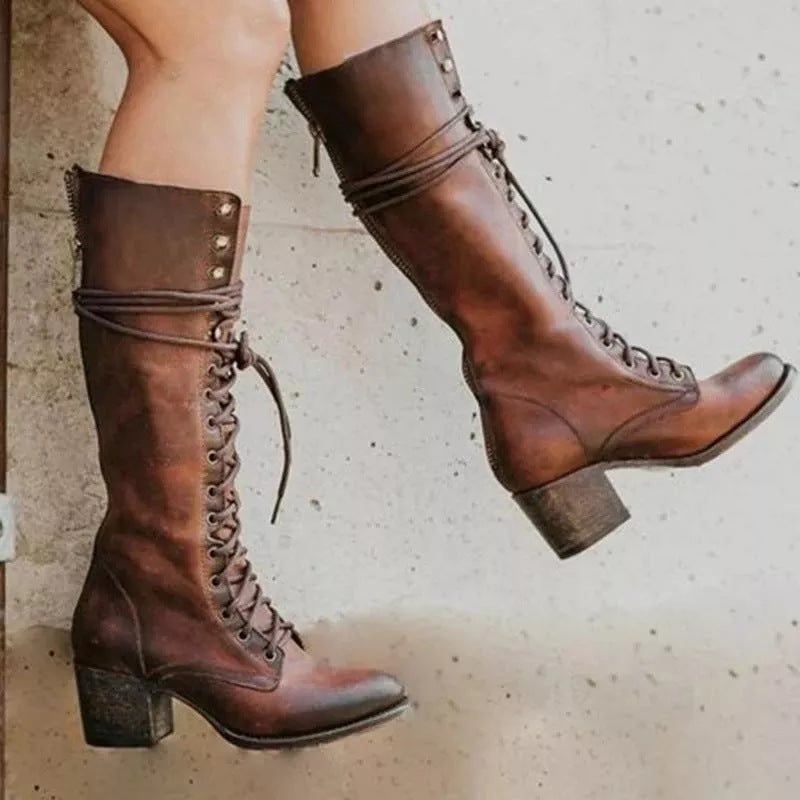 Elspeth | Knee-High Lace-Up Boots With Block Heel